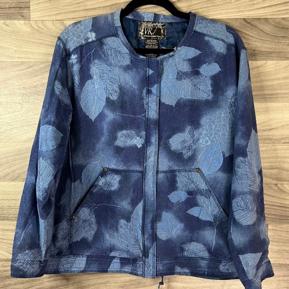 Vintage EVR Jacket Womens‎ M Blue Leaves 100% Silk Collarless Zip Pockets Lined